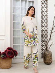 Cream Floral Placement Kurta & Wide-Leg Cotton Flex Co-ord Set