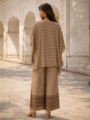 Butter Cream Lurex & Moti Embellished Muslin Kaftan Co-ord Set with Aari Lace Palazzo