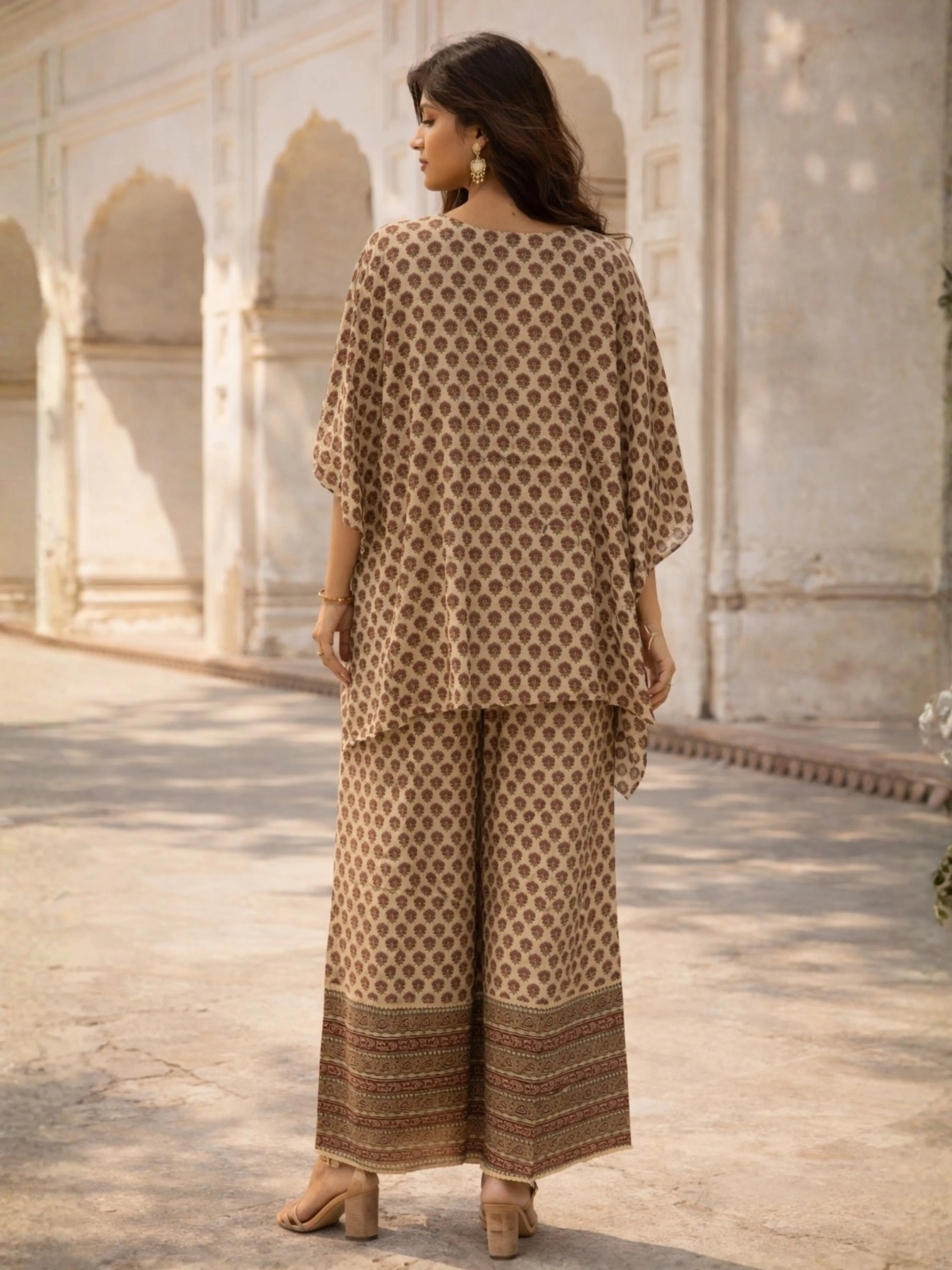 Butter Cream Lurex & Moti Embellished Muslin Kaftan Co-ord Set with Aari Lace Palazzo