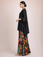 Black Asymmetrical Embroidered Kurti & Floral Palazzo Co-ord Set