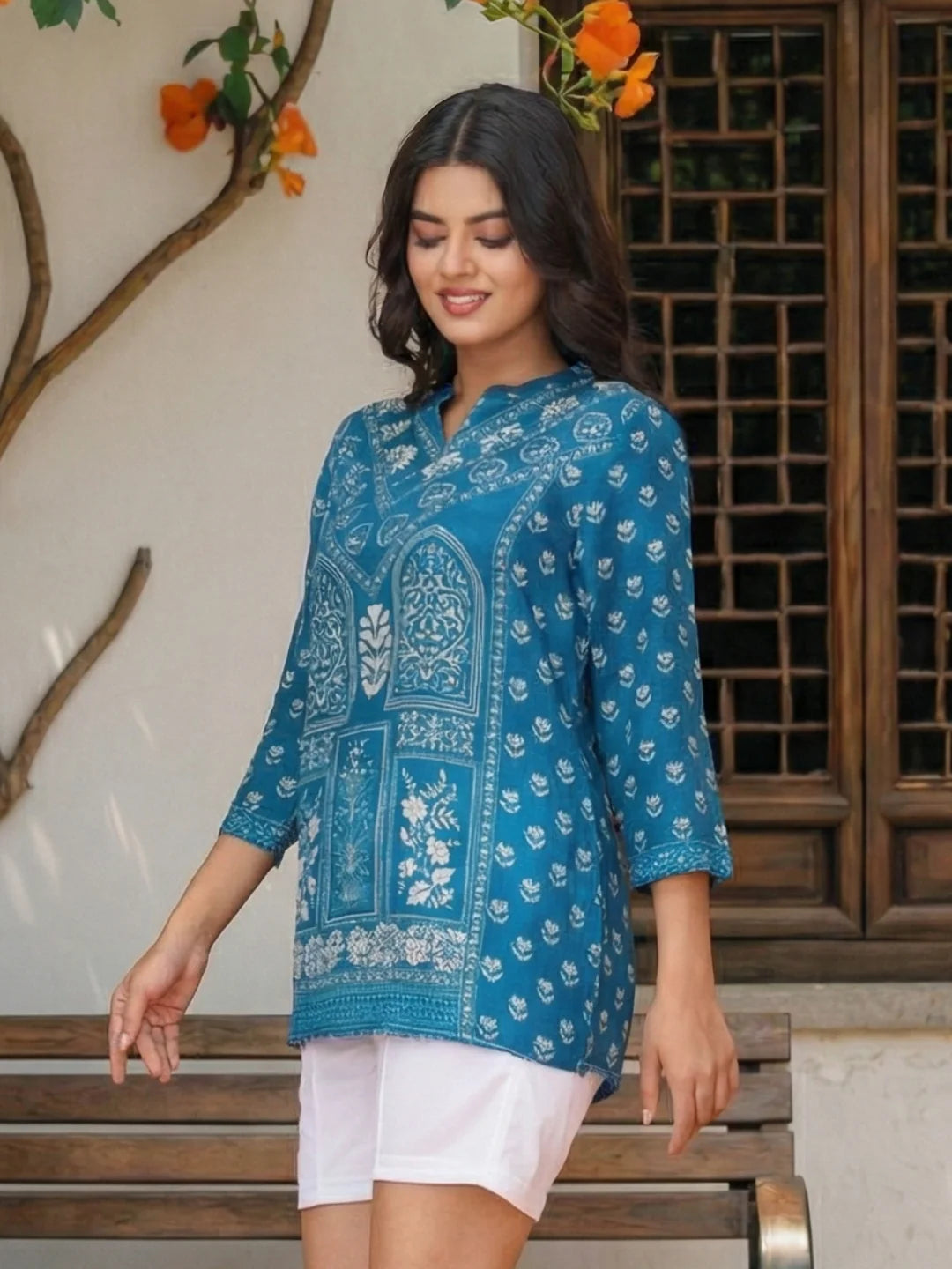 Indigo Geometric Floral Print Muslin Kurti