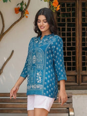 Indigo Geometric Floral Print Muslin Kurti