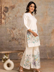 Ivory Floral Kurta & Wide-Leg Cotton Flex Co-ord Set