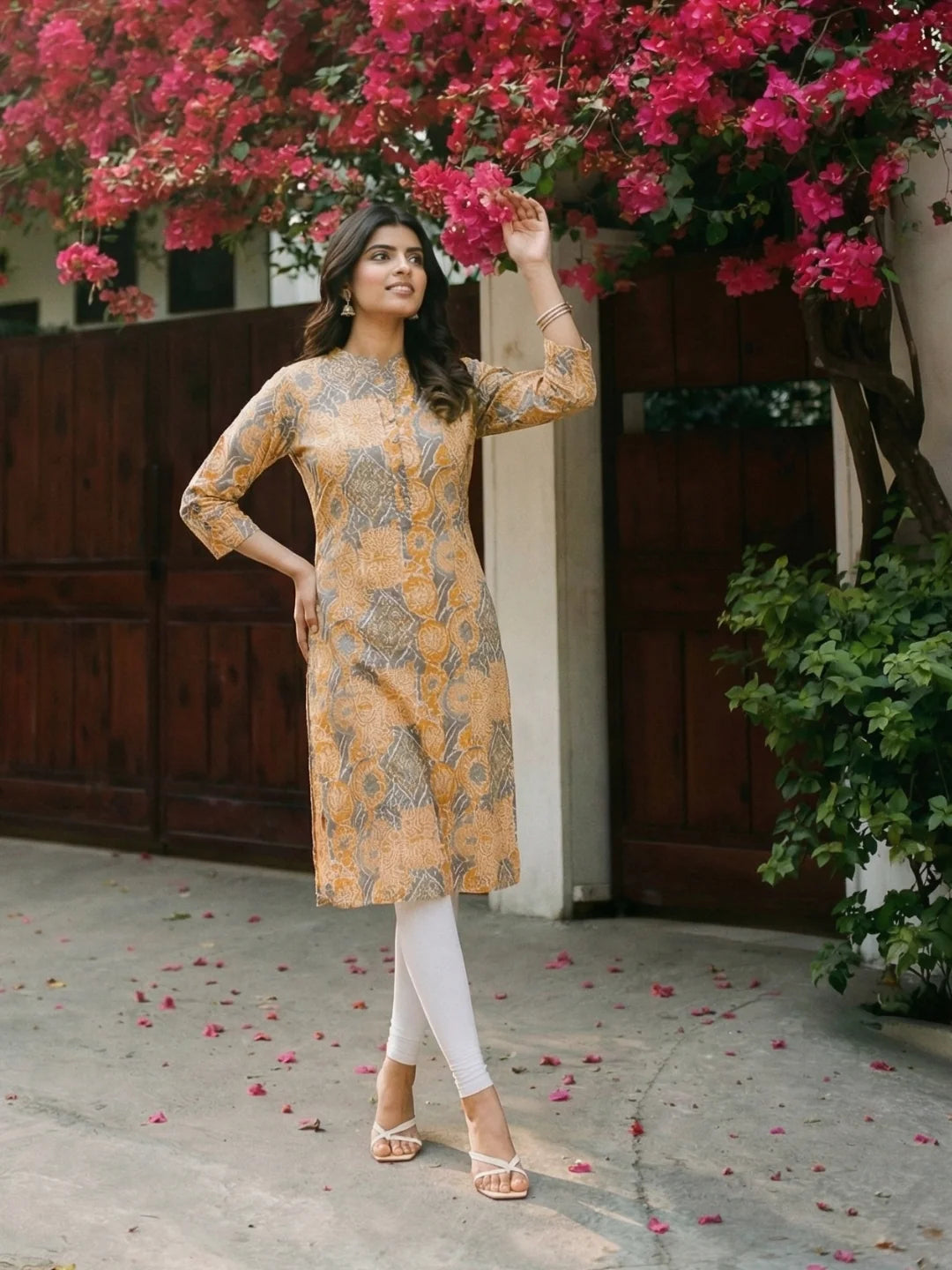 Yellow & Grey Block Print Cotton Kurta