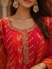 Crimson Orange Ombre Banarasi Brocade Kurti Set with Dupatta Golden Lurex & Tassel Tie-Back