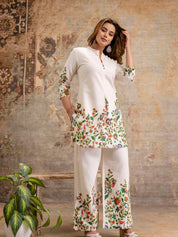 Cream Multicolour Botanical Kurta & Wide-Leg Co-ord Set in Cotton Flex
