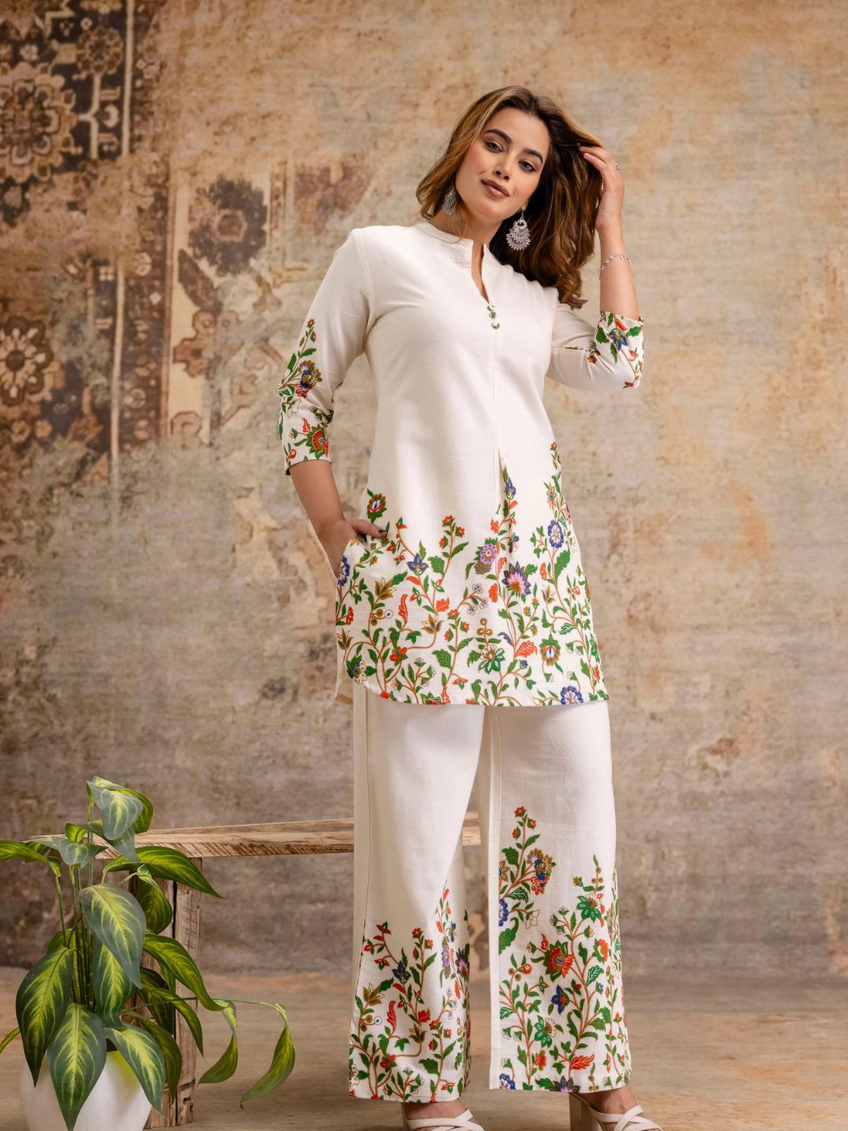 Cream Multicolour Botanical Kurta & Wide-Leg Co-ord Set in Cotton Flex