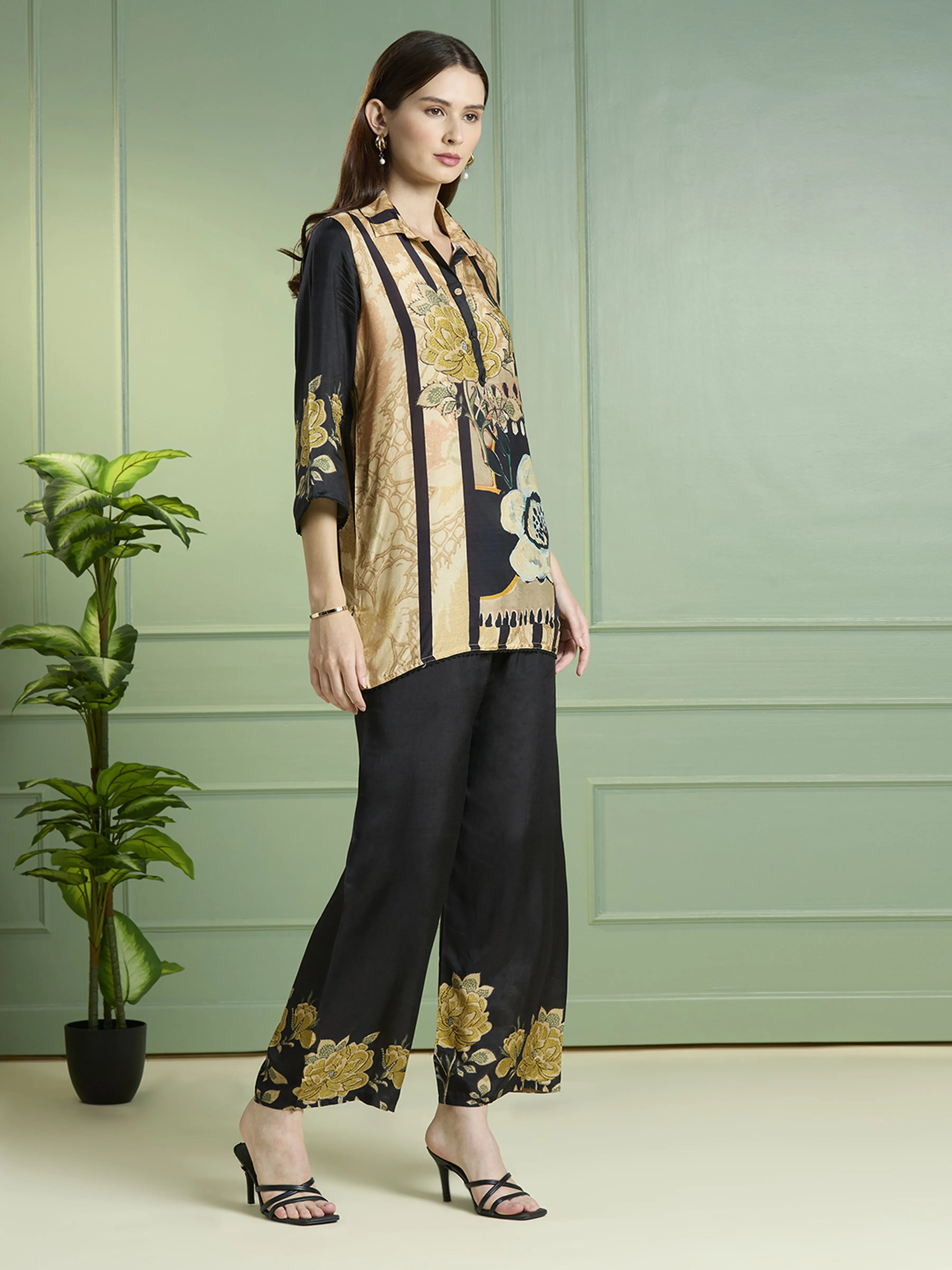 Black & Beige Floral Printed Co-ord Set in Viscose Muslin