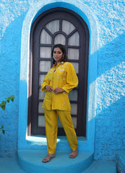Yellow Hand Embroidered Pearl & Thread Dola Silk Shirt Co-ord Set