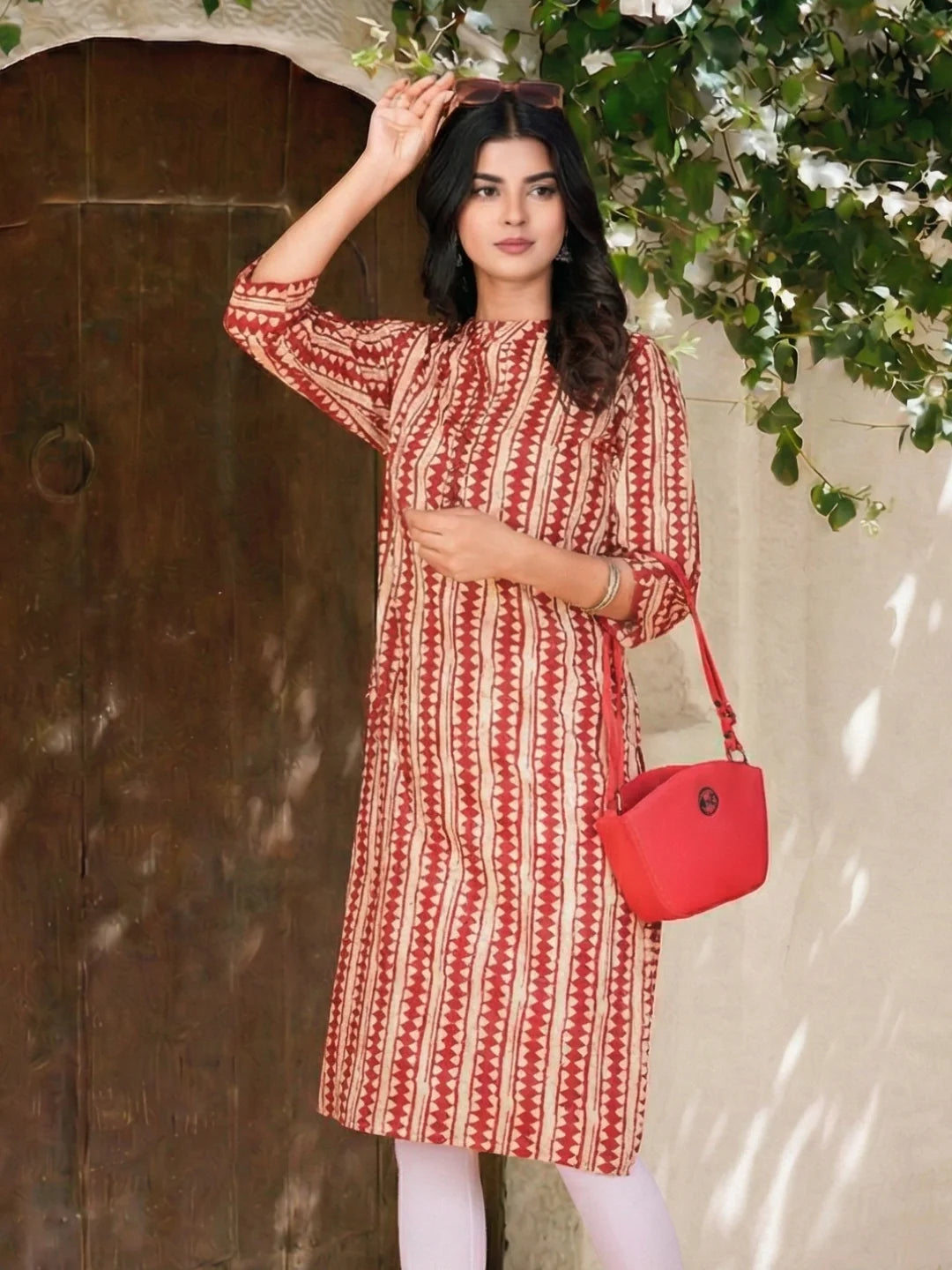 Red & Beige Block Print Cotton Kurta