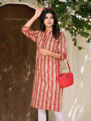 Red & Beige Block Print Cotton Kurta