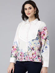 White Cotton Cambric Full-Sleeve Shirt with Patch Print