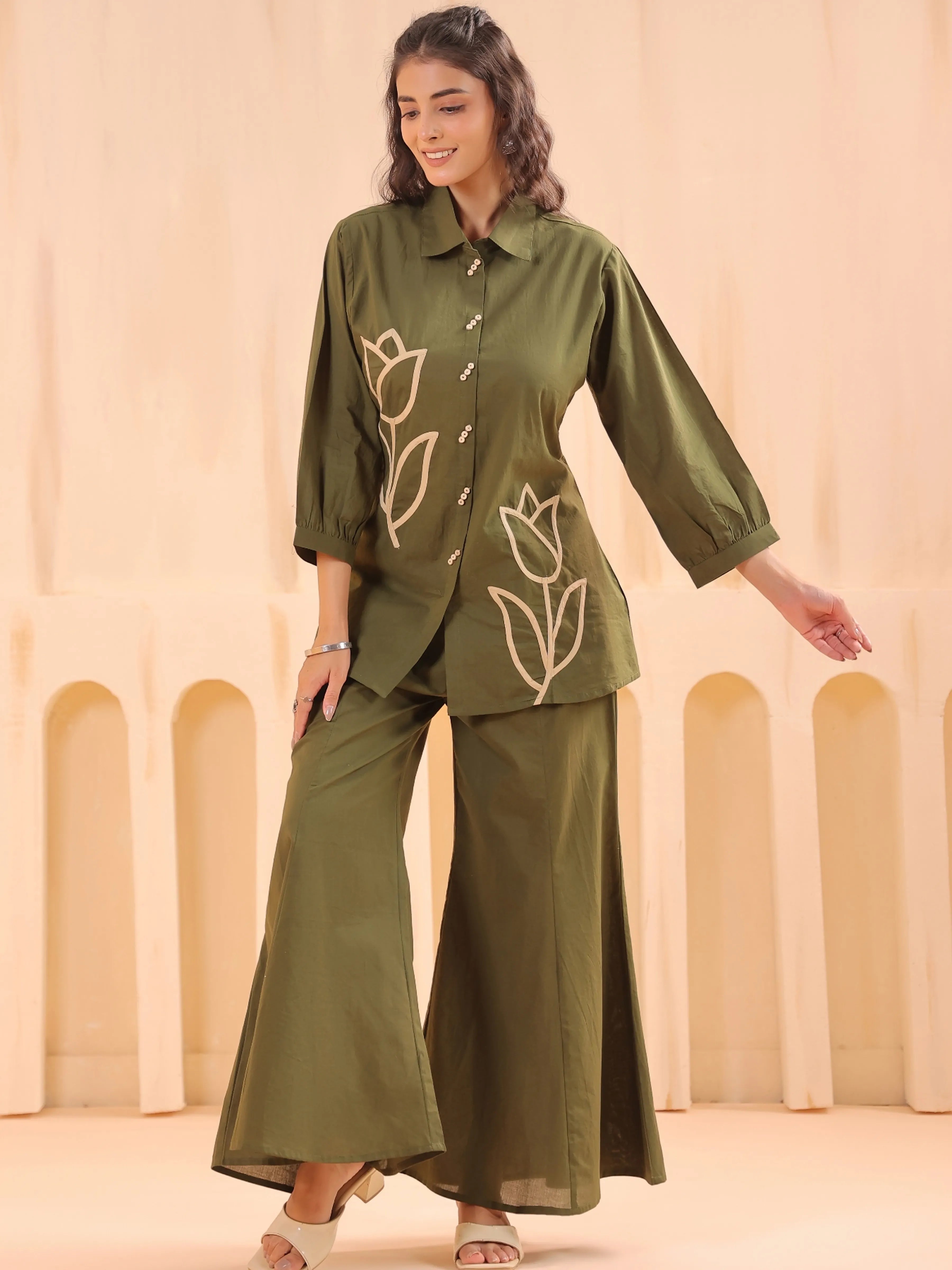 Mehandi Green Cotton Co-Ord Set with Rosebud Embroidery