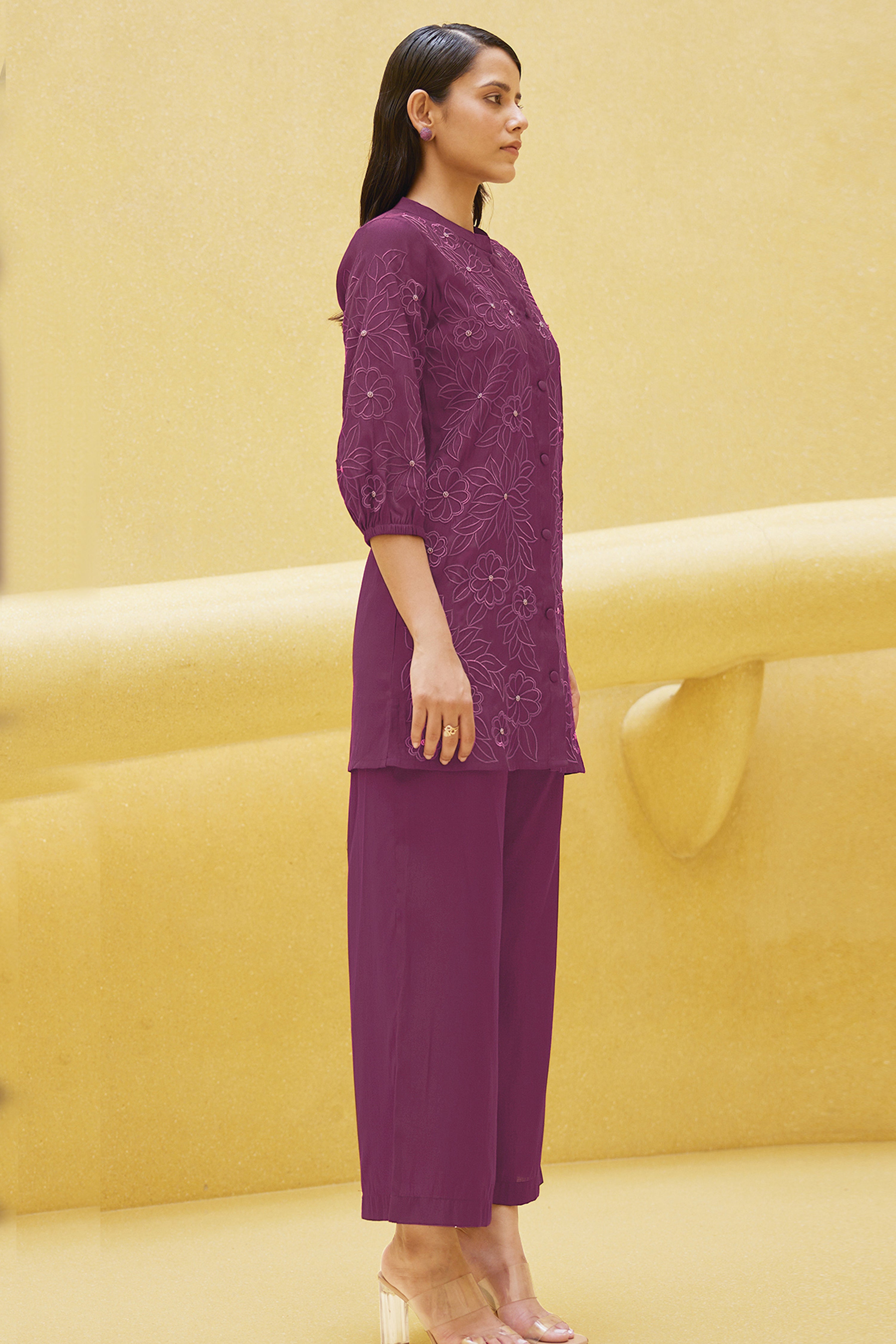 Kaftanize Kiaa-Purple Wine Embroidered Thread Work Viscose Tunic With Pant
