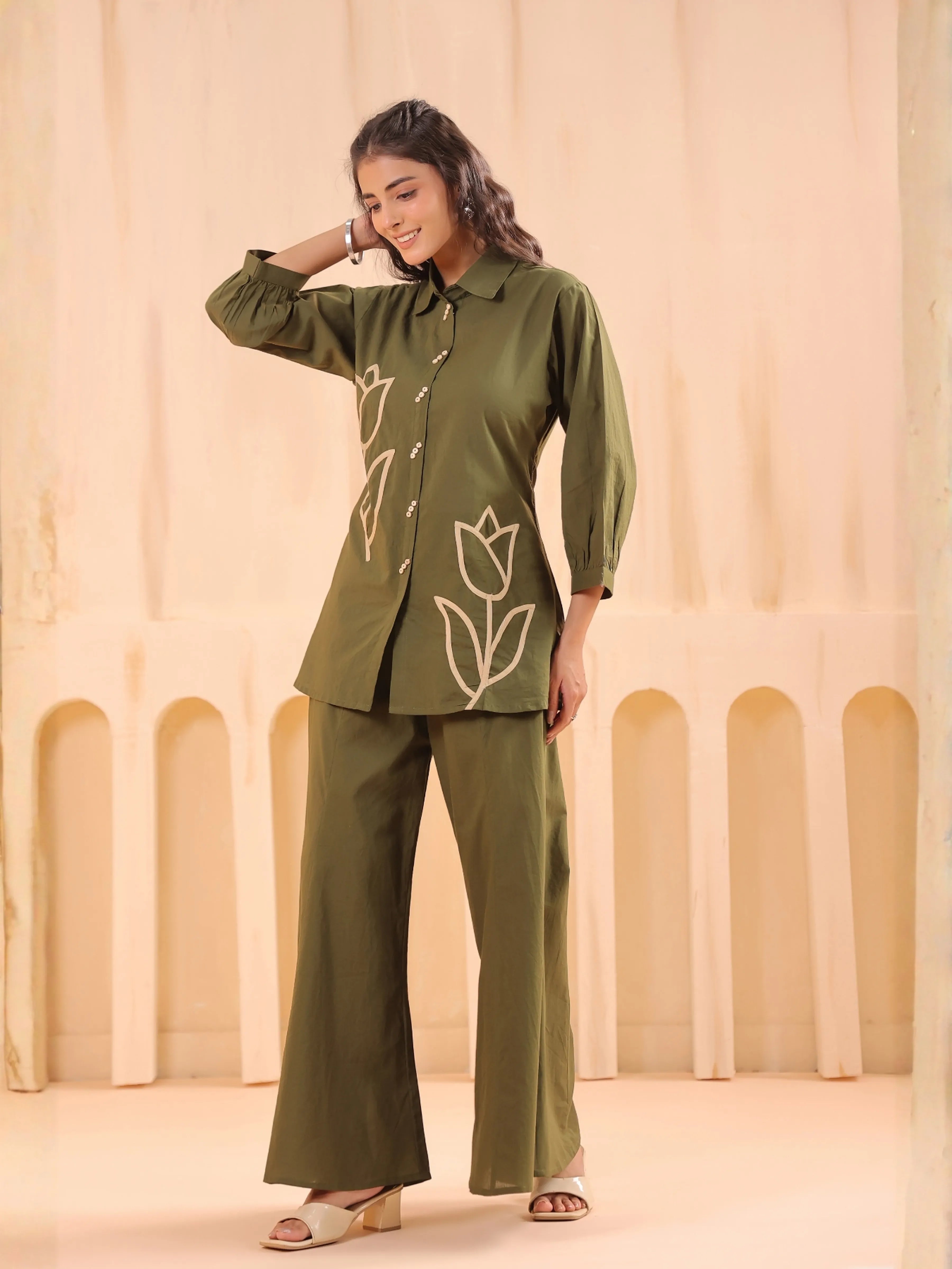 Mehandi Green Cotton Co-Ord Set with Rosebud Embroidery