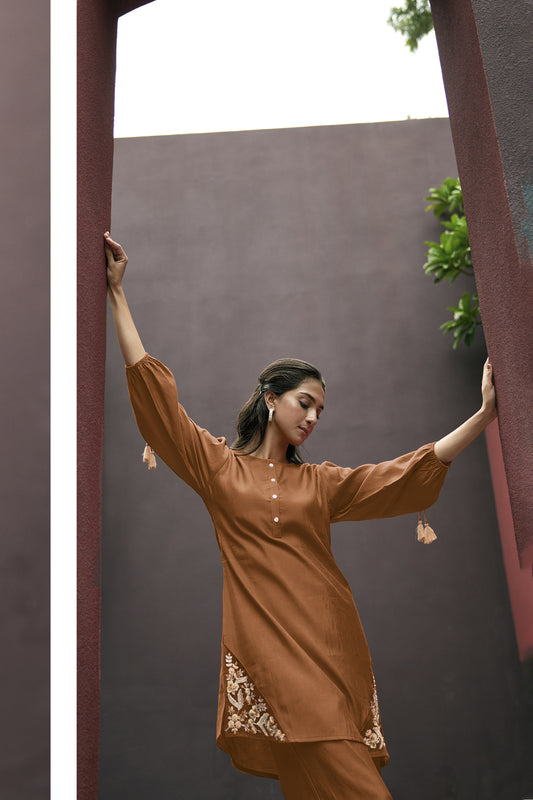 Rust Orange Embroidered Tunic With Straight Pant