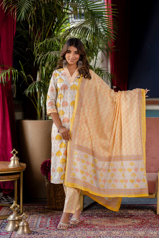 Off White & Yellow Printed Cotton Kurta with Trousers & With Dupatta
