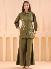 Mehandi Green Cotton Co-Ord Set with Rosebud Embroidery