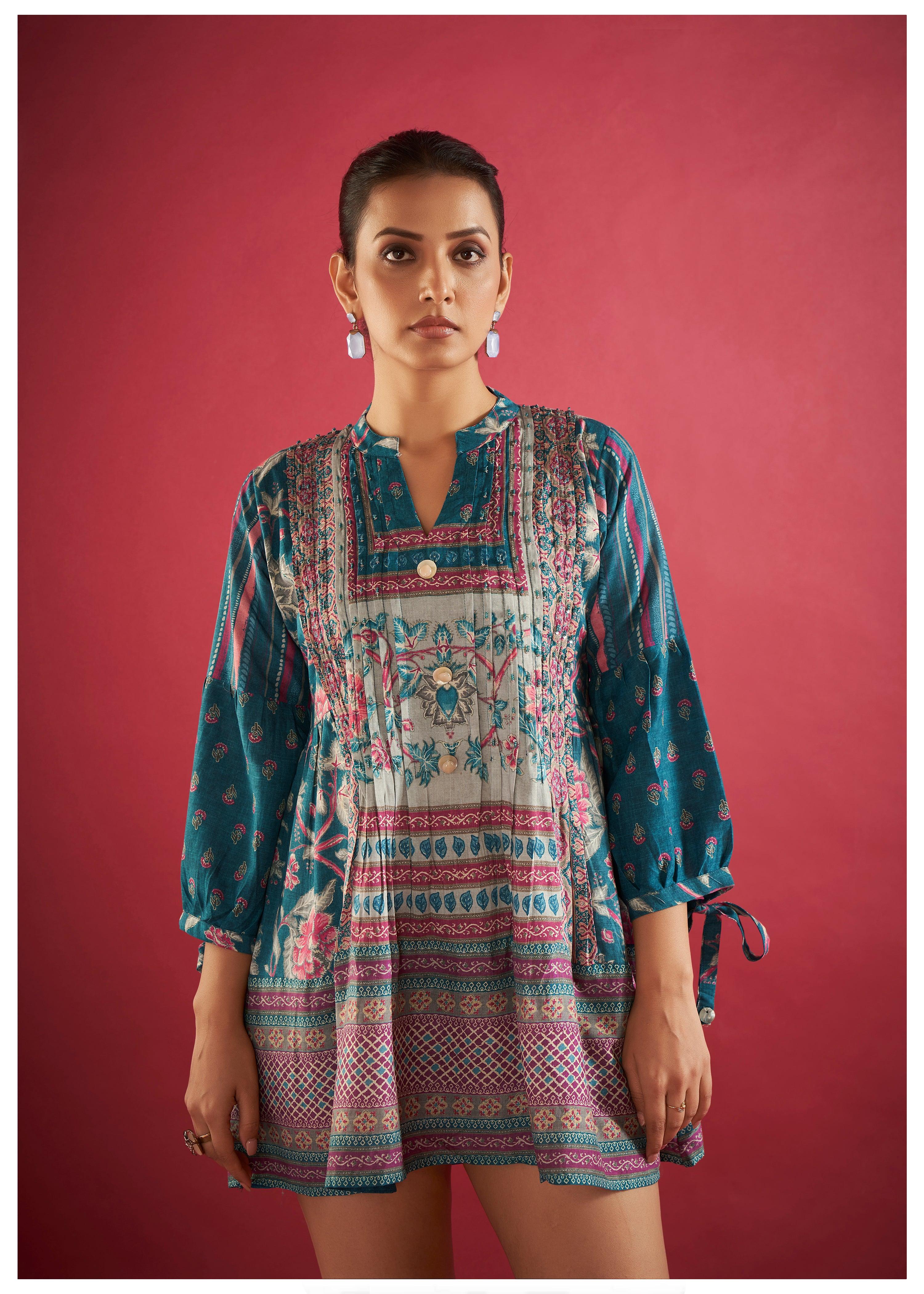 Multi-Print Cotton Viscose Pleated Tunic with Tie