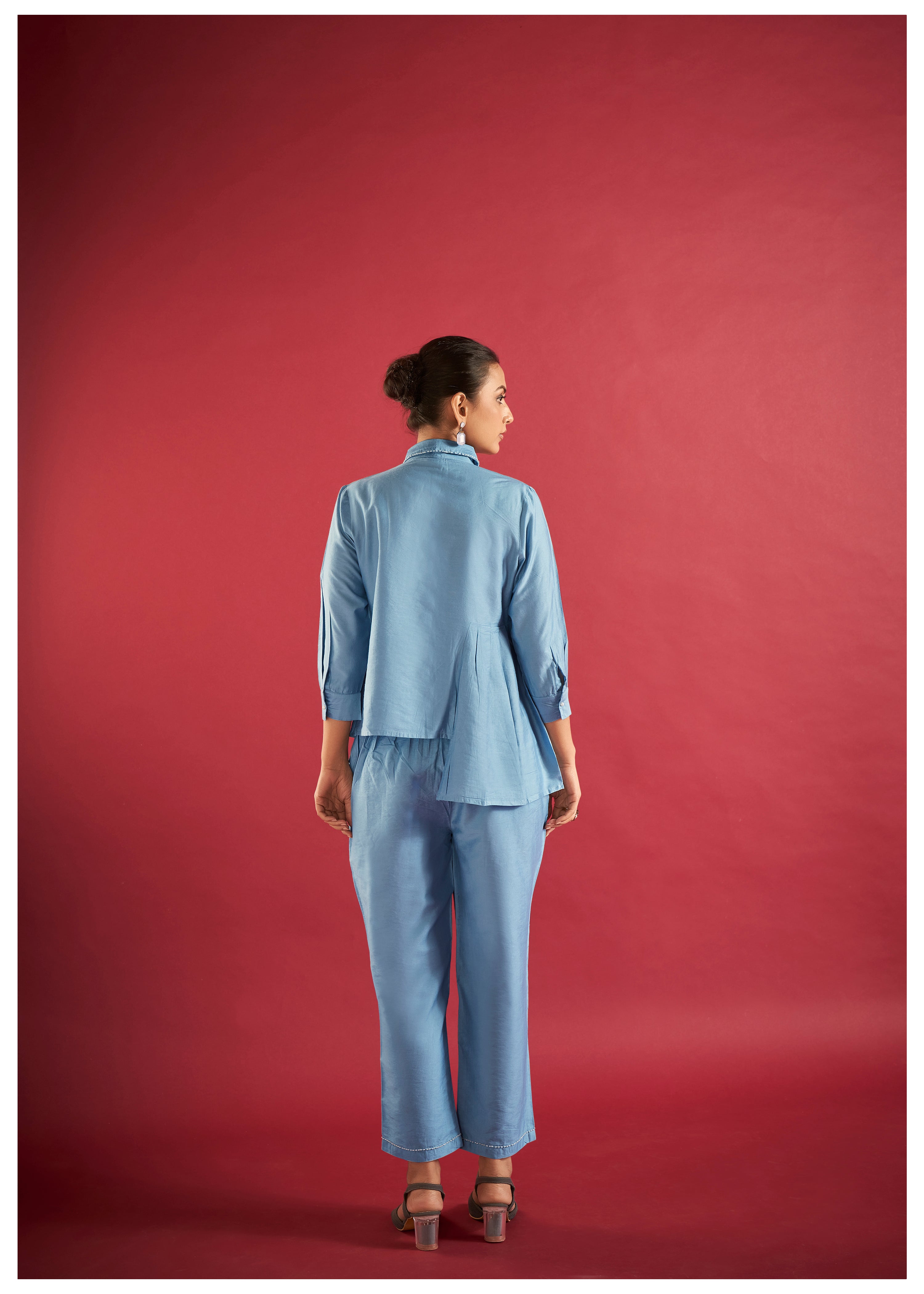 Powder Blue Asymmetric Shirt Style Tunic Set