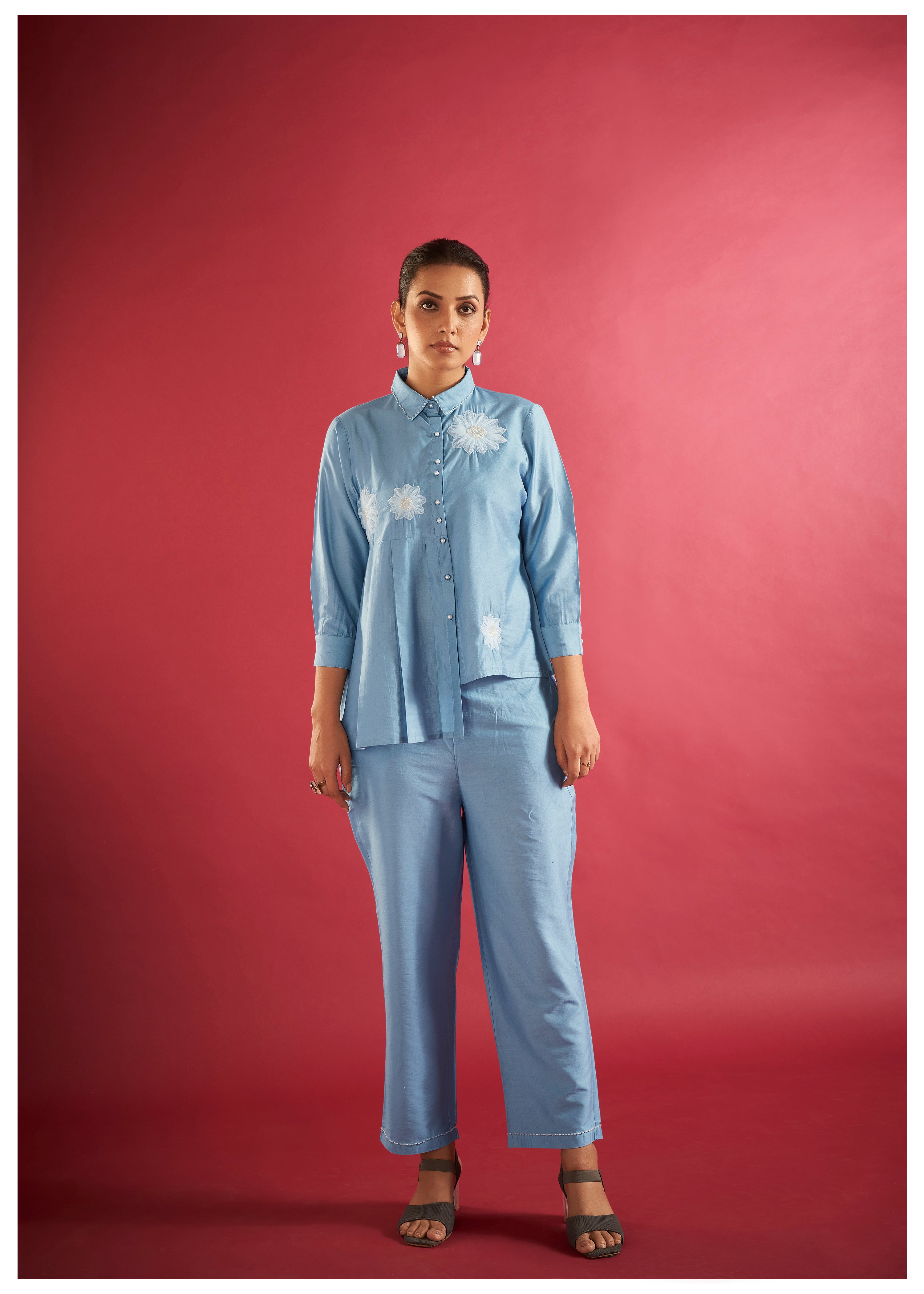 Powder Blue Asymmetric Shirt Style Tunic Set