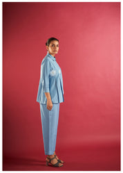 Powder Blue Asymmetric Shirt Style Tunic Set