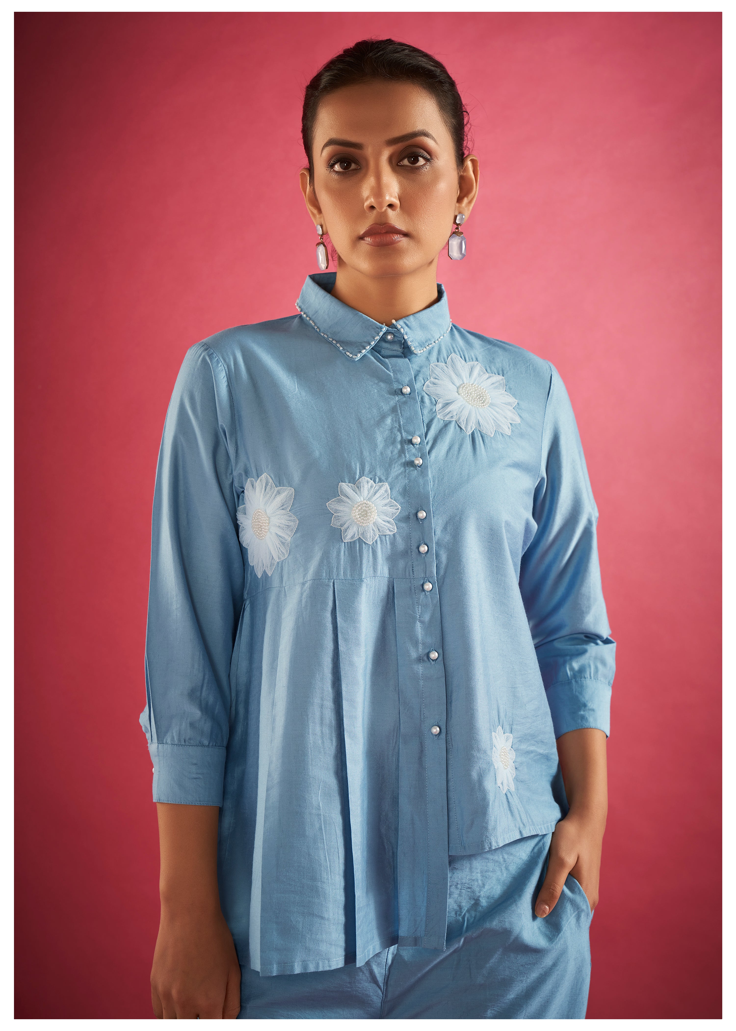 Powder Blue Asymmetric Shirt Style Tunic Set