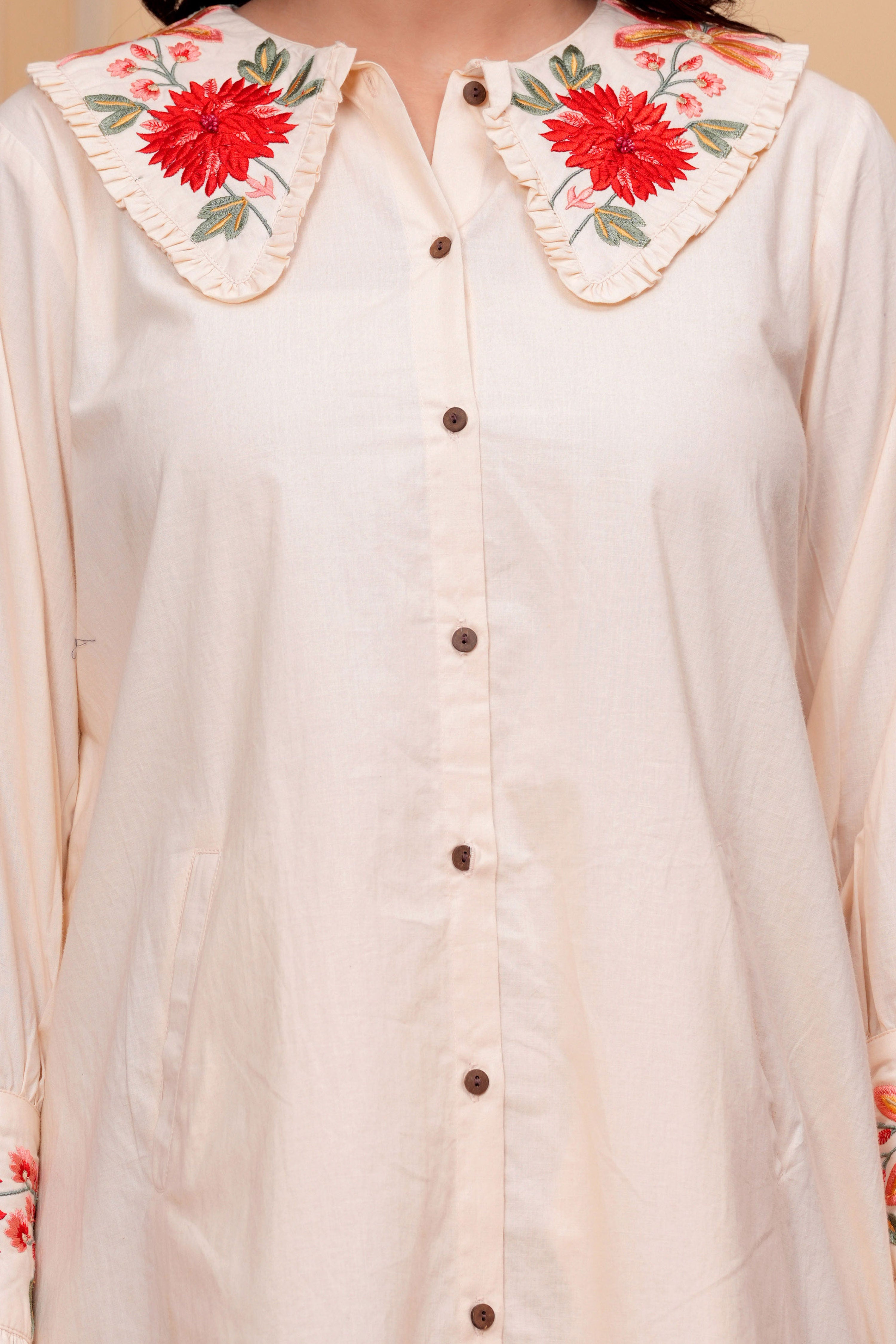 White Floral Embroidered Collar Cotton Dress