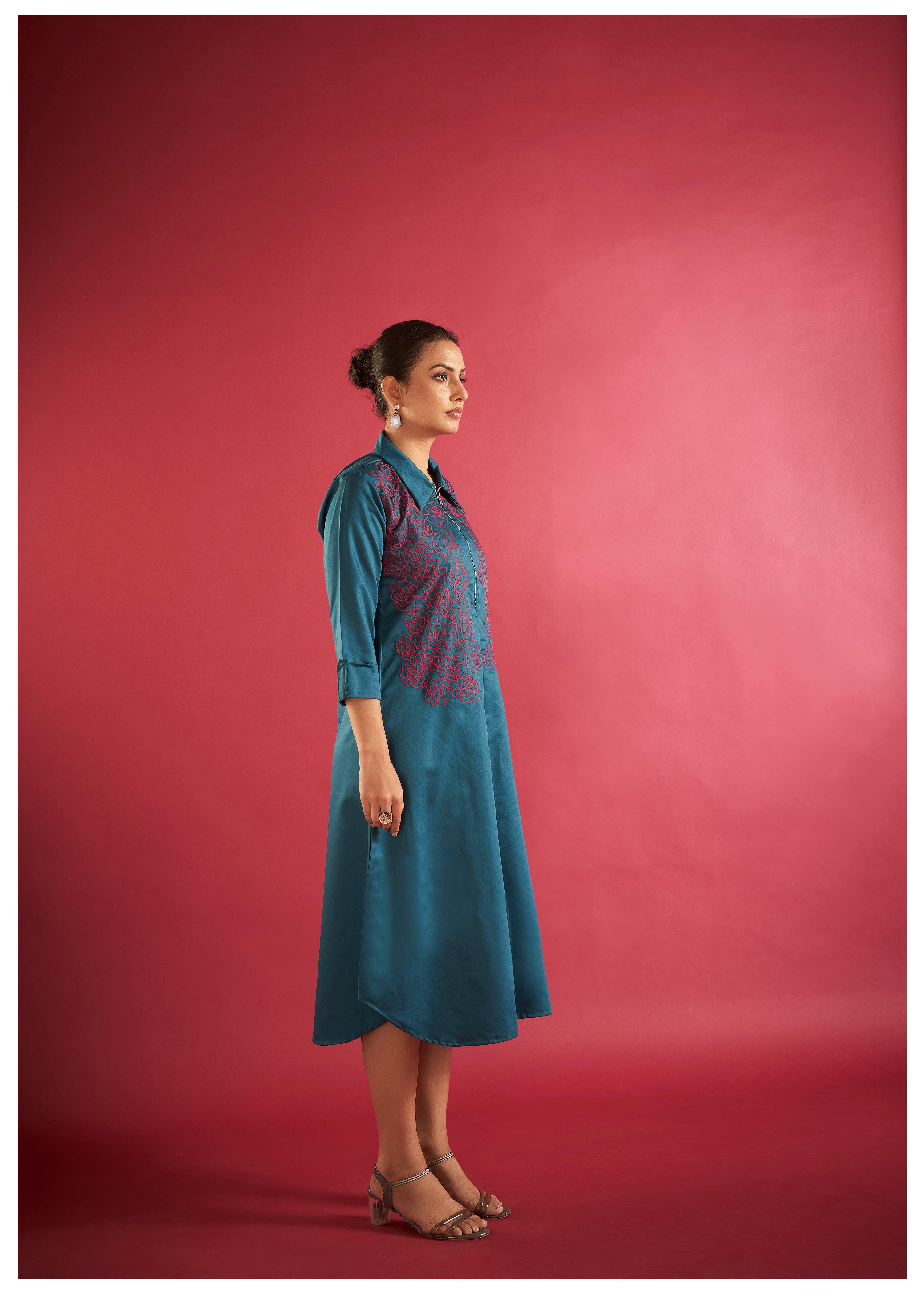 Teal Blue Embroidered Thread Work Poplin Dress