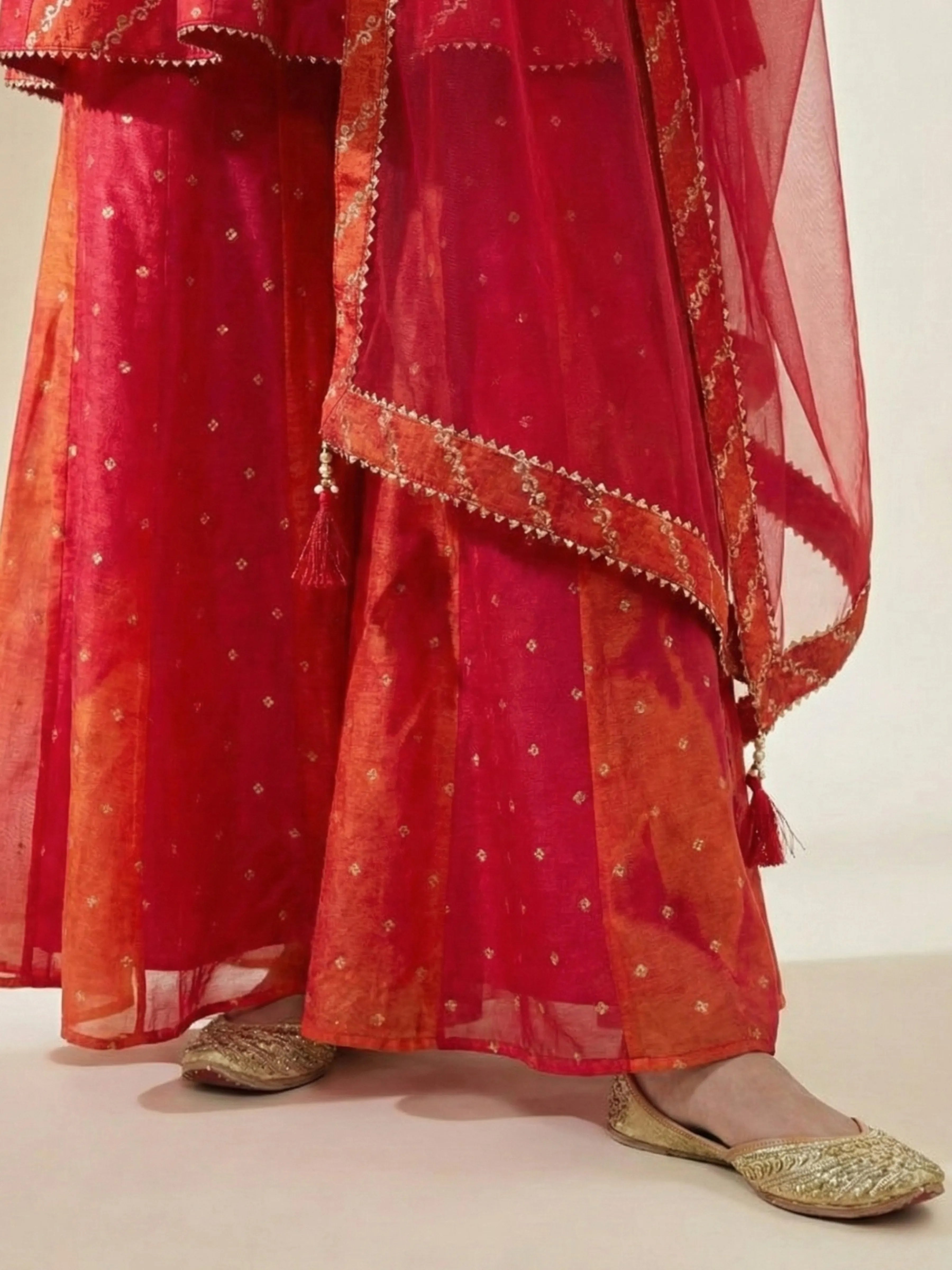 Crimson Orange Ombre Banarasi Brocade Kurti Set with Dupatta Golden Lurex & Tassel Tie-Back