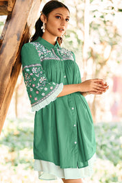 Green Embroidered Cotton Cambric Short Dress