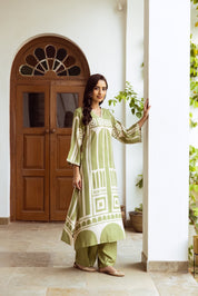 Sage Green Ethnic Set with Abstract Rayon Geometric Print