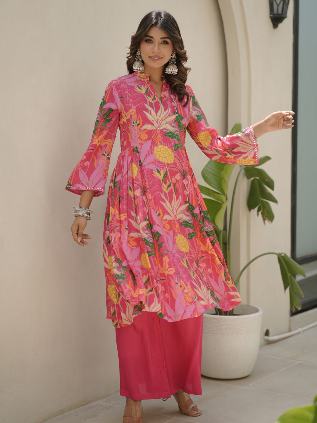 Pink Multicolor Floral Muslin Ethnic Set with Mirror Work & Lurex Embroidery