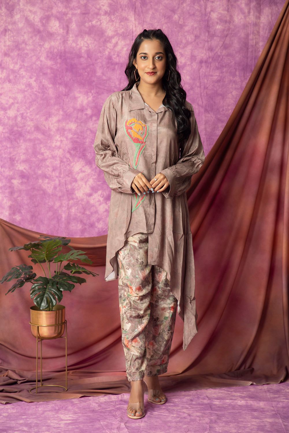 Kaftanize Brown Muslin Co-Ord Set With Embroidery