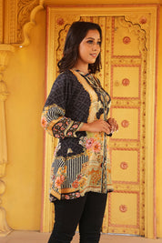 Kaftanize Black & Yellow Multicolored Floral Printed A Line Muslin Tunic