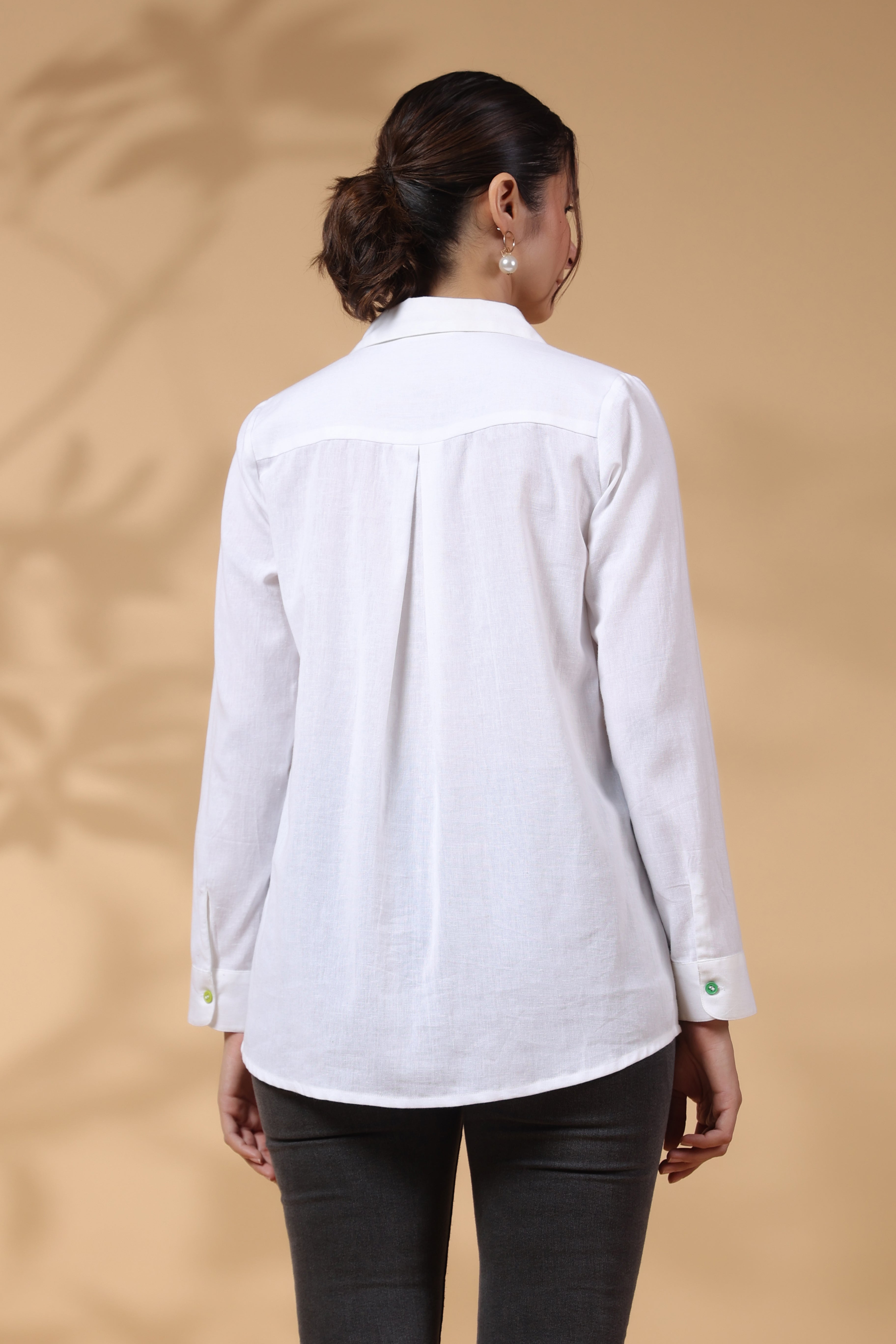 White Cotton Flex Shirt with Embroidered