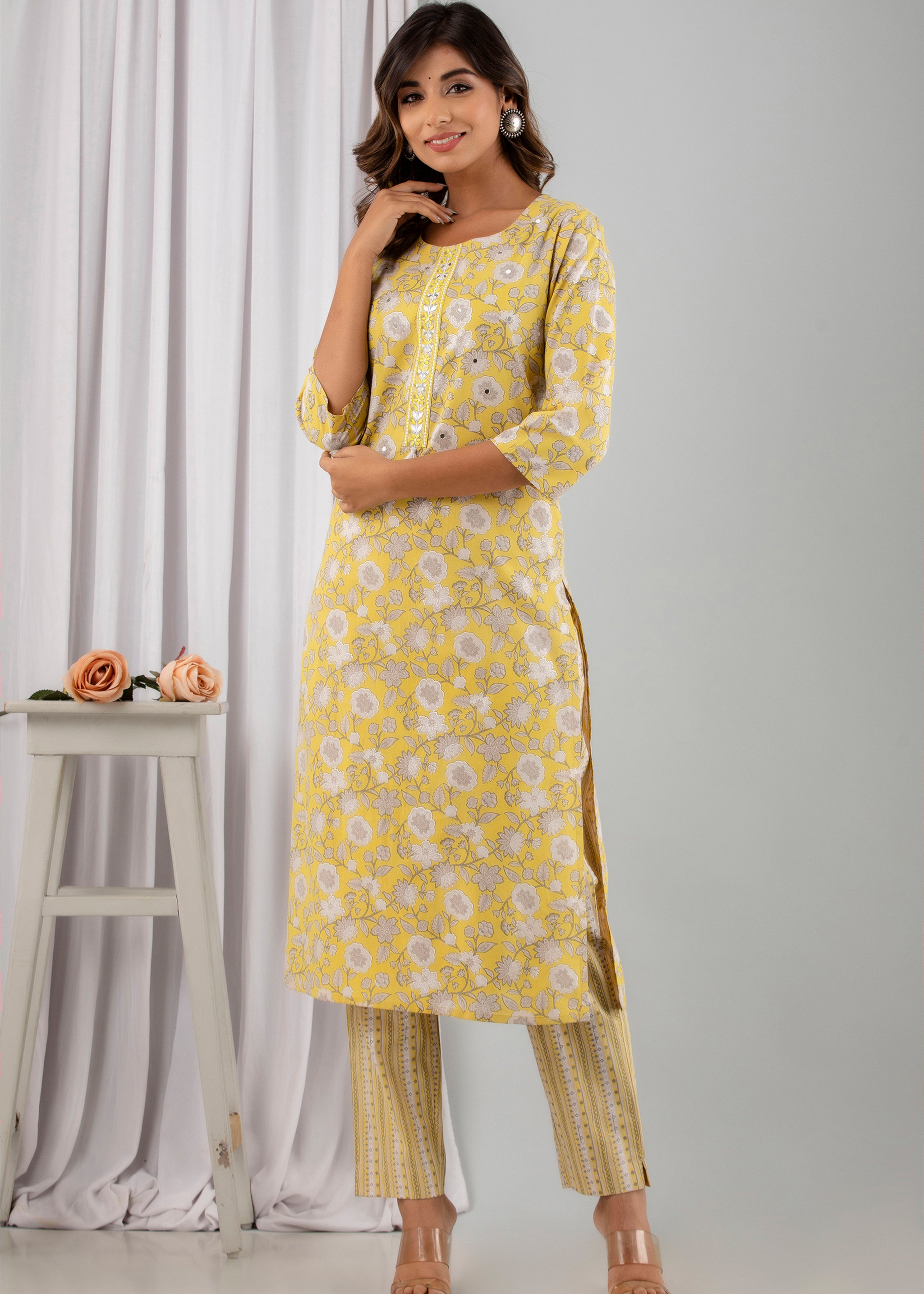 Yellow Printed & Embellished Cotton Kurta with Trousers & With Dupatta - Kaftanize