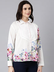 White Cotton Cambric Full-Sleeve Shirt with Patch Print