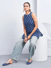 Dark Blue Halter Neck Cotton Kurti with Flower Motif Block Print
