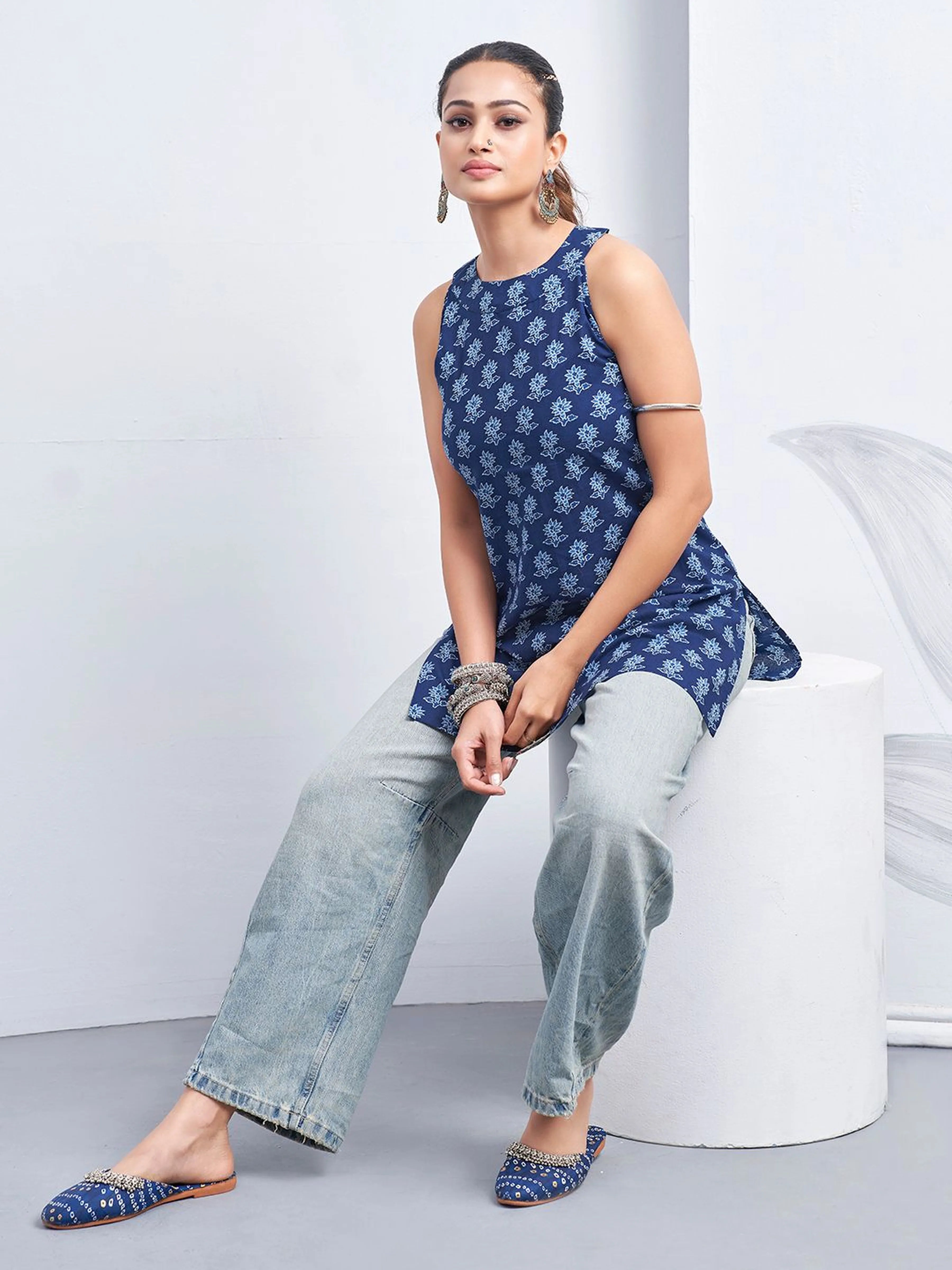 Dark Blue Halter Neck Cotton Kurti with Flower Motif Block Print