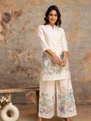 Ivory Floral Kurta & Wide-Leg Cotton Flex Co-ord Set