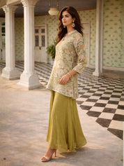 Sage Green Floral Bead Embroidered Muslin & Chinon Co-ord Set