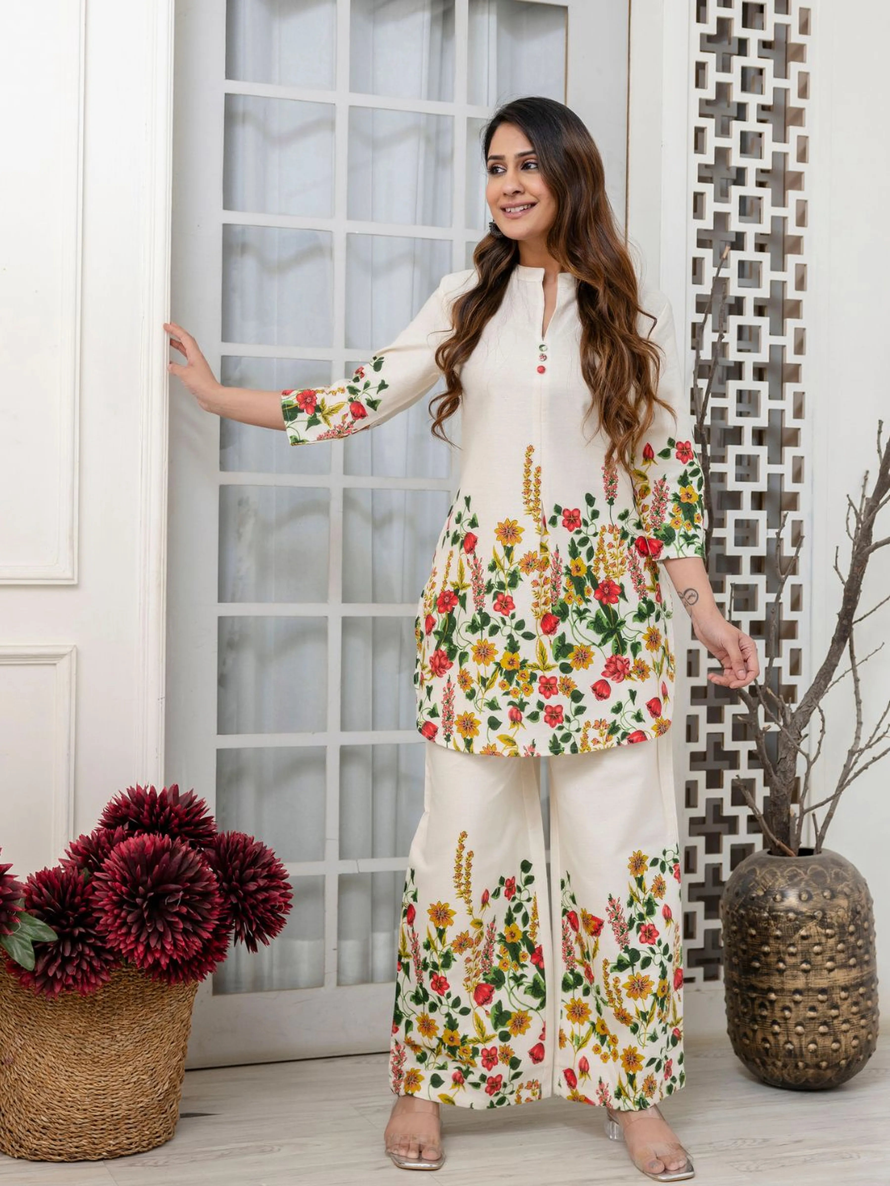 Cream Mandarin-Neck Kurta & Wide-Leg Floral Co-ord Set in Cotton Flex