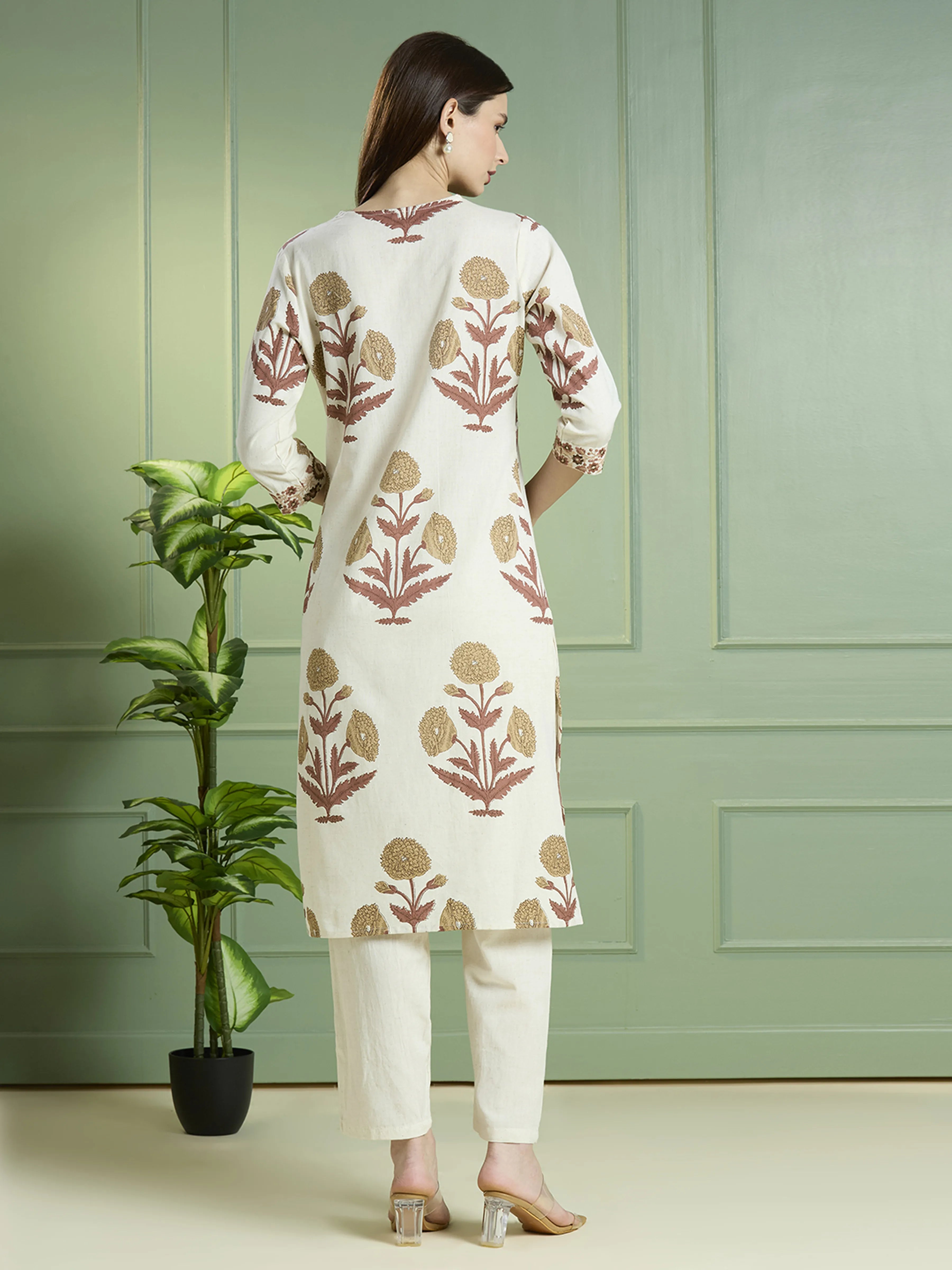 Natural Beige Floral Block Print Kurta Set in Cotton