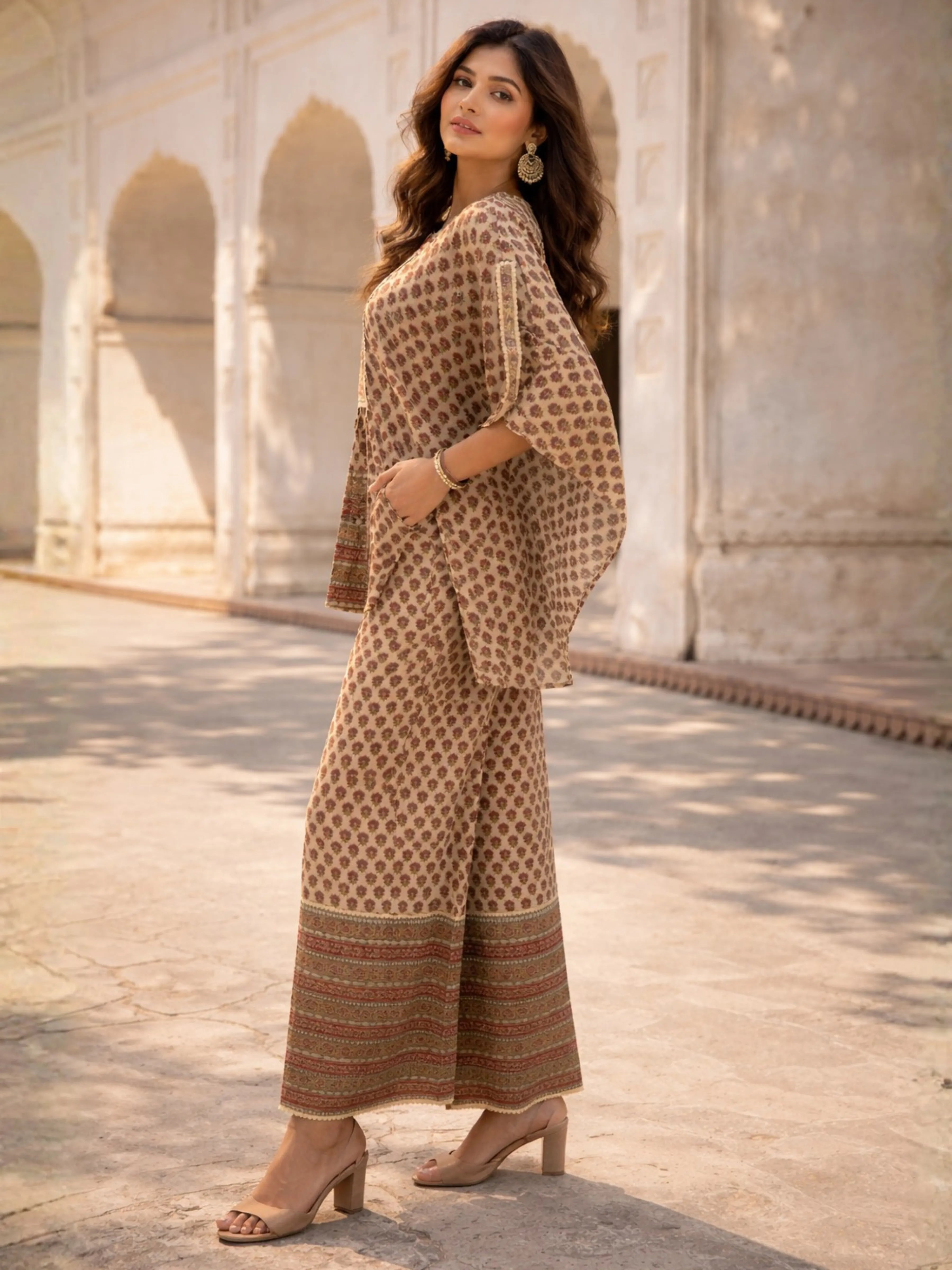 Butter Cream Lurex & Moti Embellished Muslin Kaftan Co-ord Set with Aari Lace Palazzo