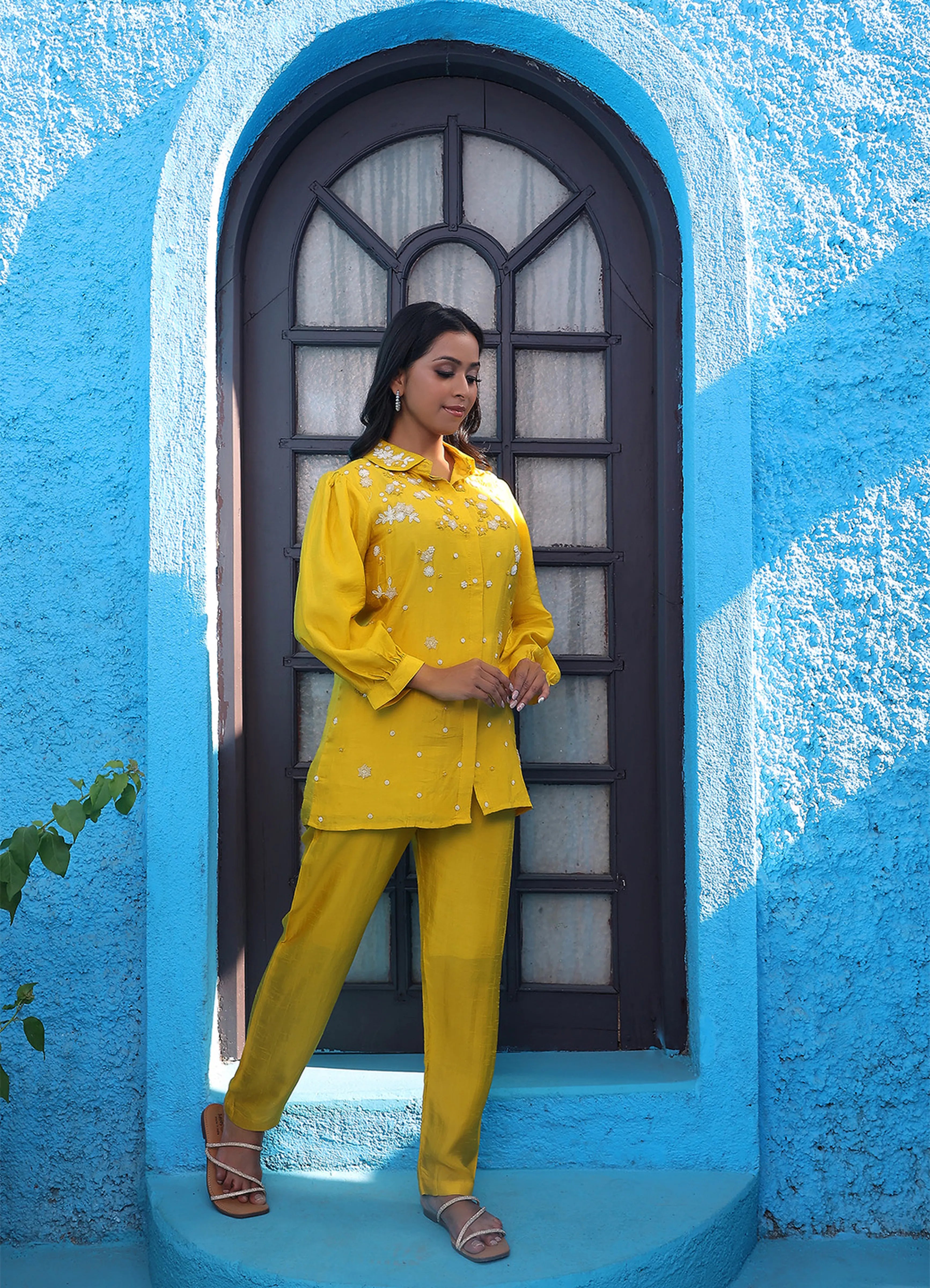 Yellow Hand Embroidered Pearl & Thread Dola Silk Shirt Co-ord Set