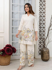 Cream Floral Kurta & Wide-Leg Cotton Flex Co-ord Set
