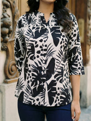 Monochrome Leaf Print Pintuck Kurti