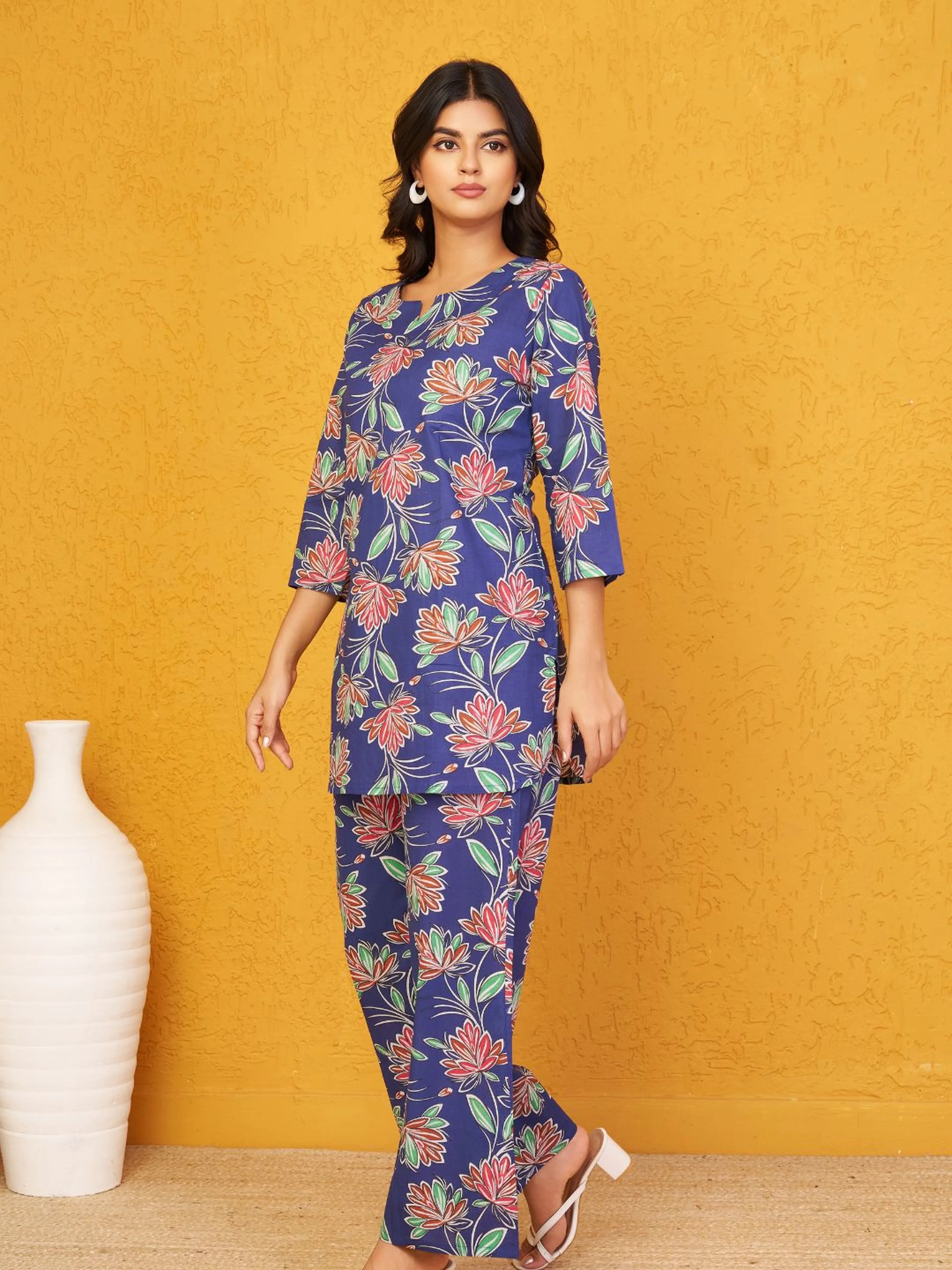 Navy Blue Floral Co-ord Set in Cotton Cambric