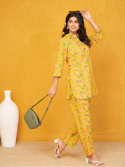 Mustard Yellow Base Multi Color Floral Shirt Collar Cotton Cambric Co-ord Set